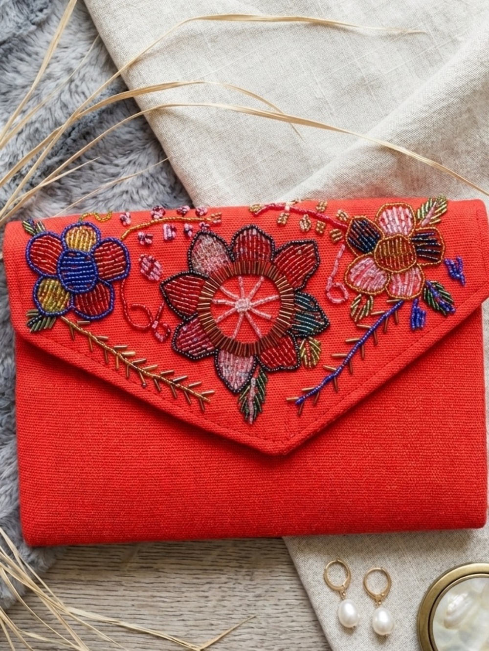 Made in Mexico - Embroidered Red Beaded Floral Bag